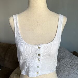 Free People White Ribbed Button-Front Crop Tank